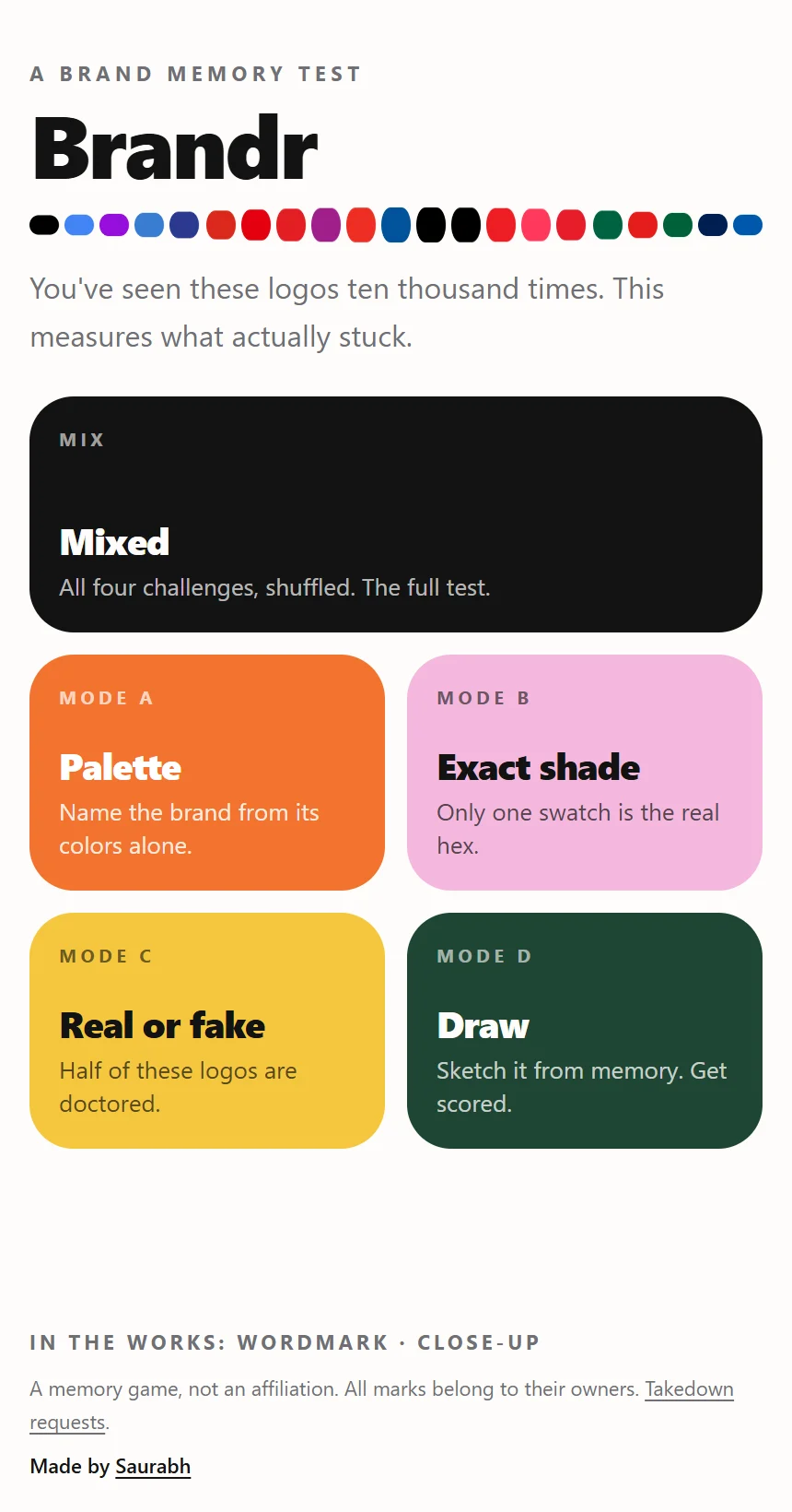 Brandr's home screen: the Brandr wordmark, the colour bar, and the five game modes as coloured cards