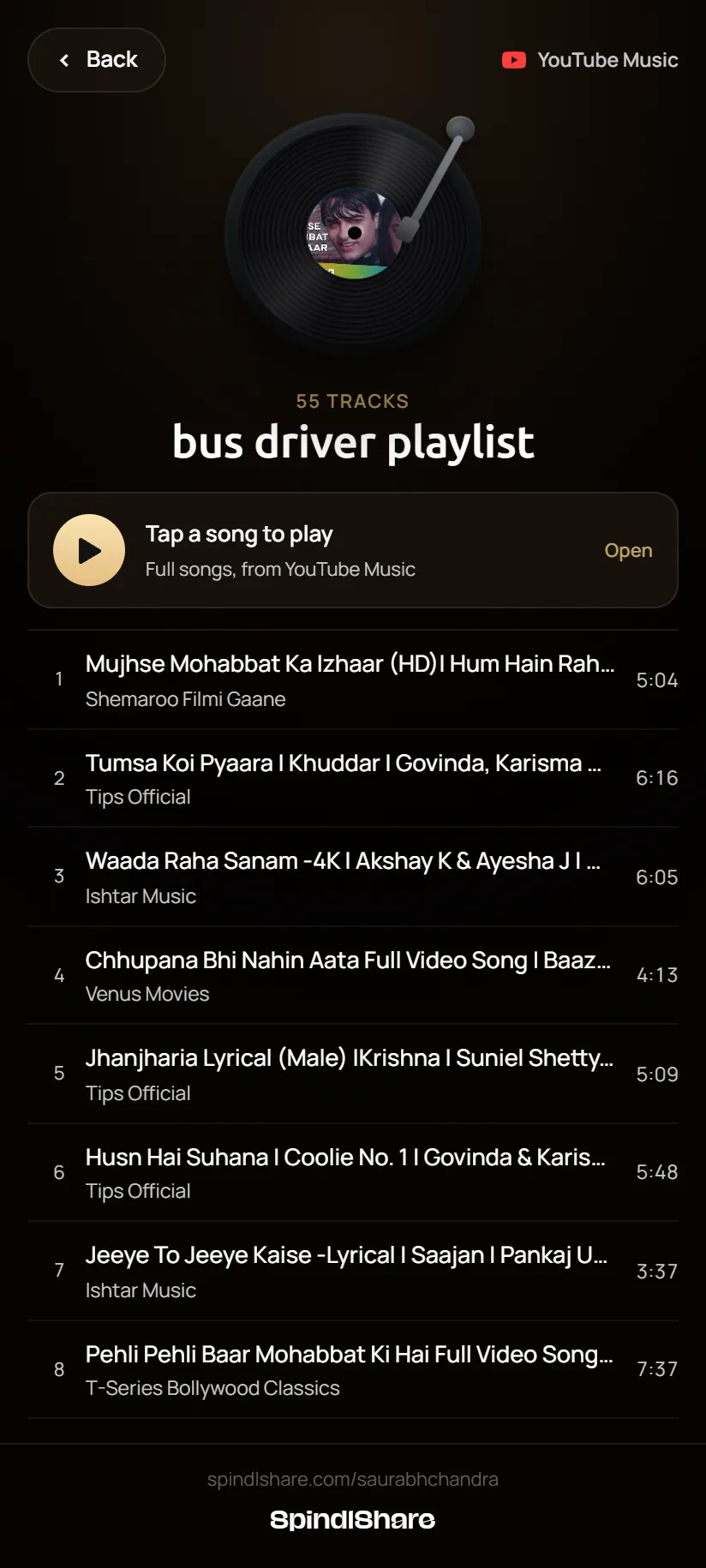 Shipped: a YouTube Music playlist, whole songs under the same rows