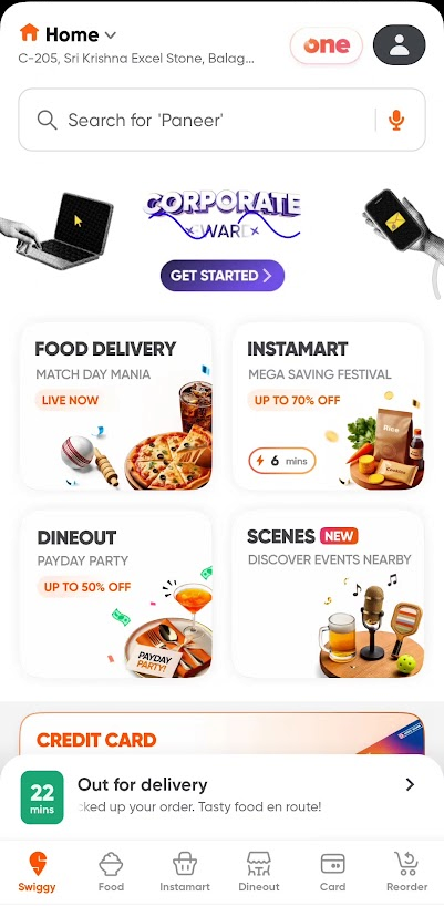 Swiggy home screen with the order status strip showing a single order above the tab bar