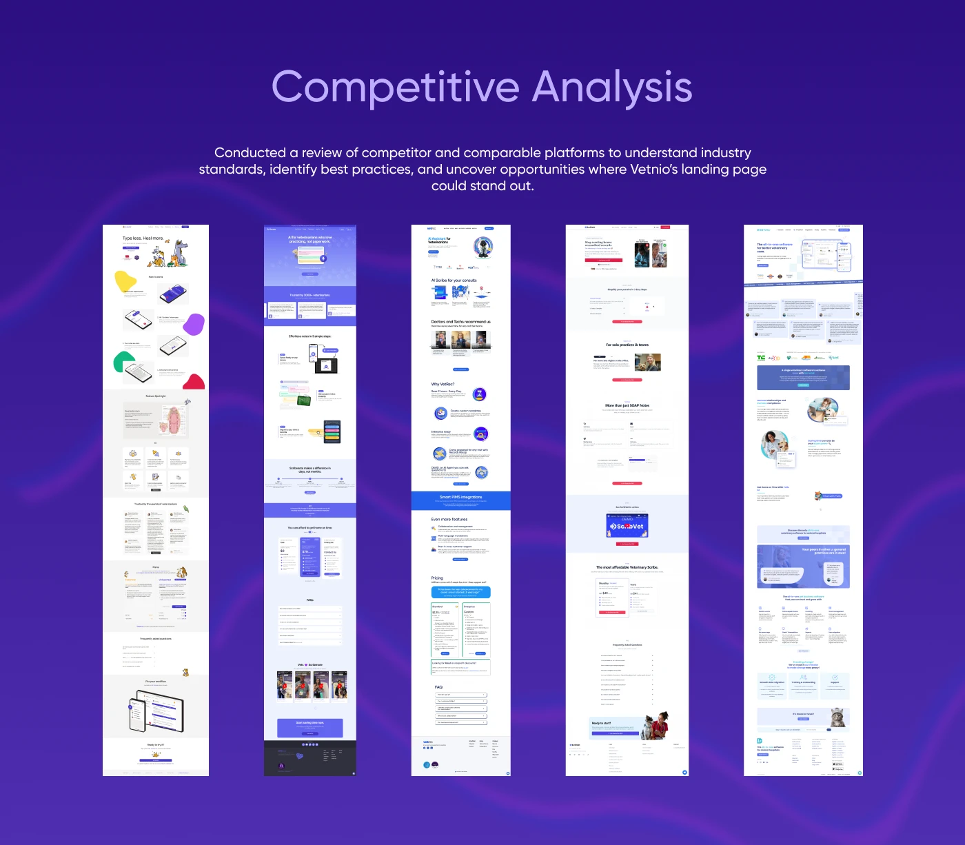 Five competitor landing pages laid out side by side for comparison