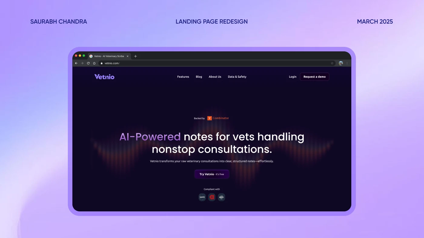 The redesigned Vetnio hero in a browser window: AI-powered notes for vets handling nonstop consultations
